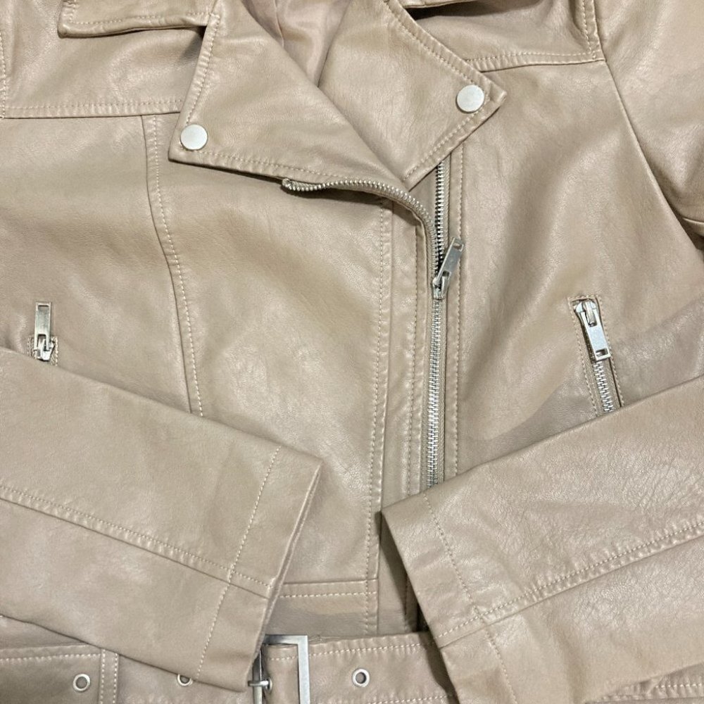 Collection B Faux Leather Belted Moto Jacket Brown Size Small - Picture 8 of 12